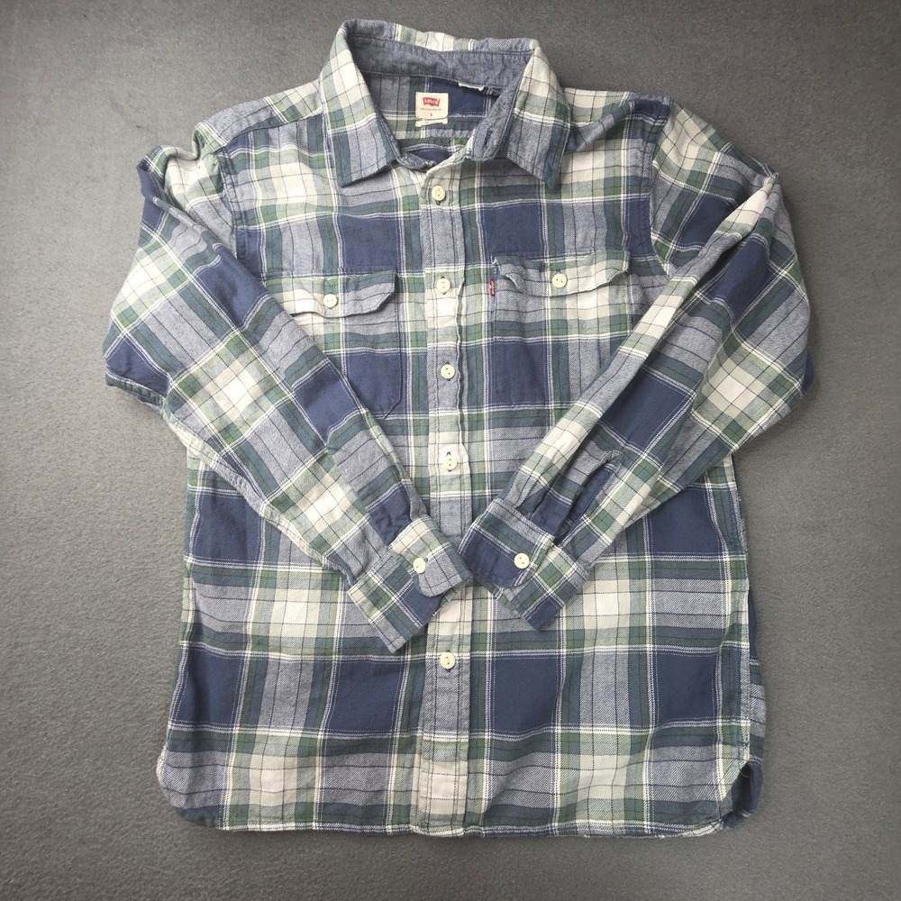 Levis Mens Relaxed Fit Plaid Flannel Button Down Shirt Blue Green Small